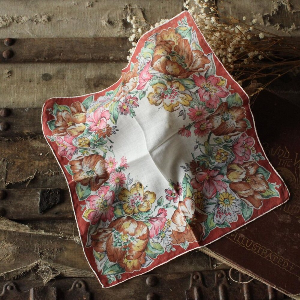 Vintage Handkerchief, Brown Flower Print Cotton Hankie